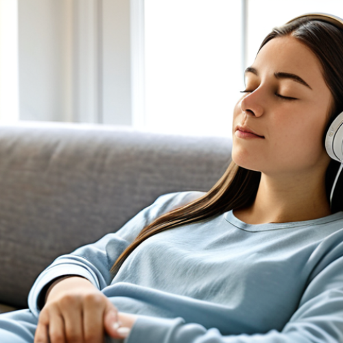 Home 4 A tranquil young woman, fully clothed in modest, comfortable loungewear, sitting gracefully in a softly lit, minimalist living room. She is wearing professional over-ear headphones, with her eyes gently closed and a serene expression of deep relaxation on her face. The background features blurred, warm natural light from a window. The atmosphere is peaceful and calm, appropriate content, safe for work, perfect anatomy, correct proportions, natural pose, well-formed hands, proper finger count, natural body proportions, professional photography, high quality, family-friendly.