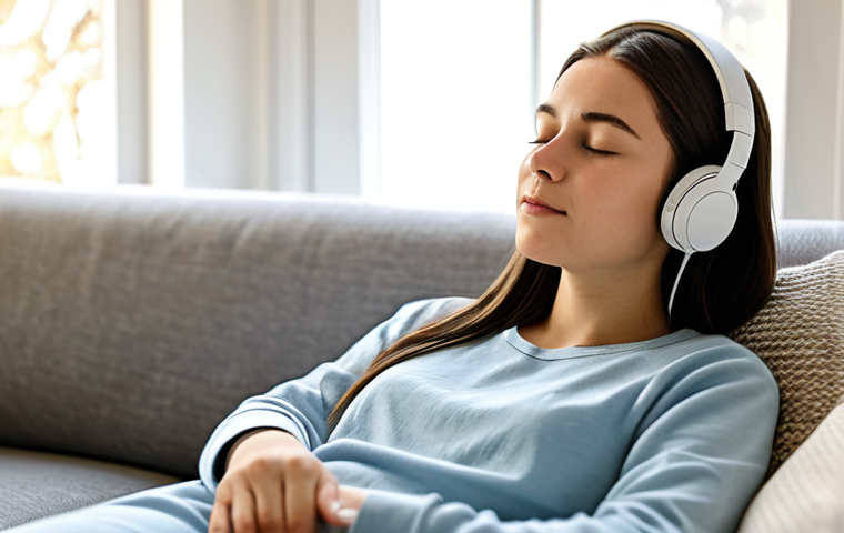 A tranquil young woman, fully clothed in modest, comfortable loungewear, sitting gracefully in a softly lit, minimalist living room. She is wearing professional over-ear headphones, with her eyes gently closed and a serene expression of deep relaxation on her face. The background features blurred, warm natural light from a window. The atmosphere is peaceful and calm, appropriate content, safe for work, perfect anatomy, correct proportions, natural pose, well-formed hands, proper finger count, natural body proportions, professional photography, high quality, family-friendly.