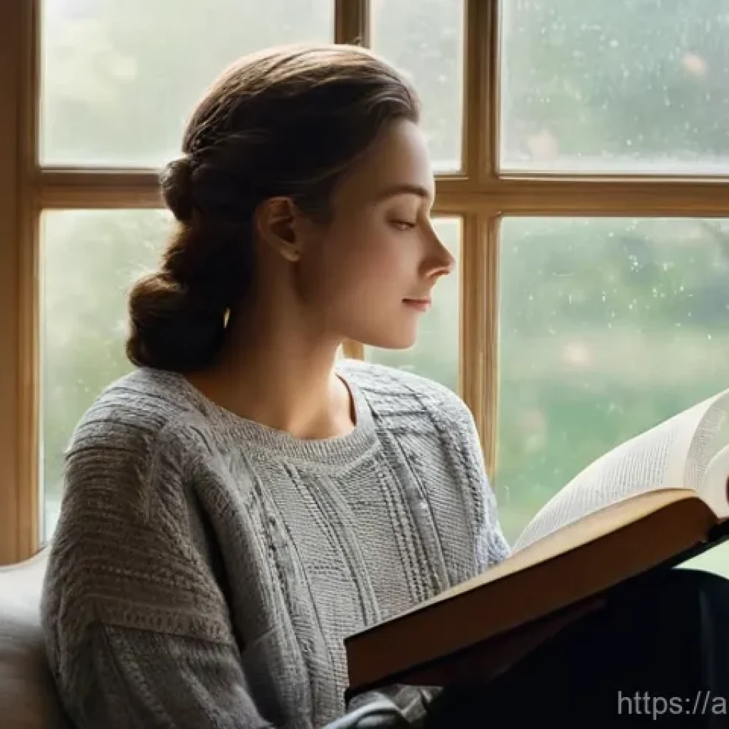 ASMR에서 사용하는 소리의 심리적 의미 - **A Serene Reading Nook:** A young adult, with a peaceful expression, is comfortably seated in a coz...