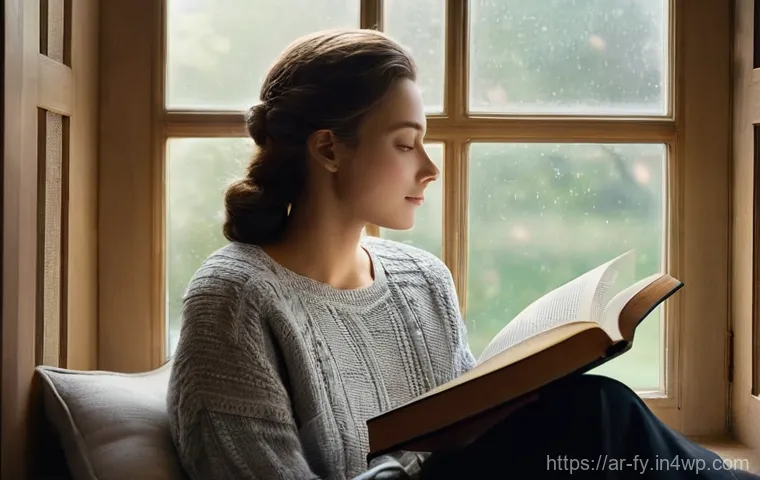 ASMR에서 사용하는 소리의 심리적 의미 - **A Serene Reading Nook:** A young adult, with a peaceful expression, is comfortably seated in a coz...