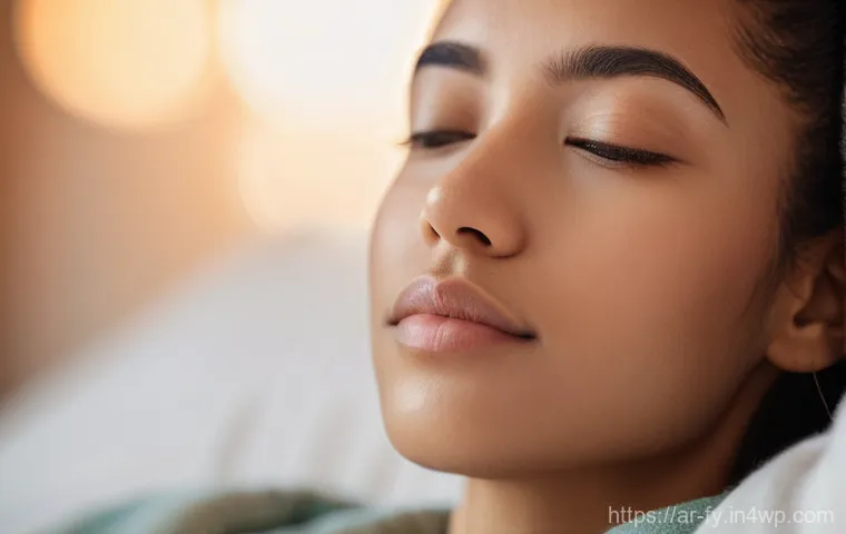 ASMR과 불안 완화의 관계 - **Prompt:** "A close-up, soft-focus portrait of an individual with a calm, serene expression, wearin...