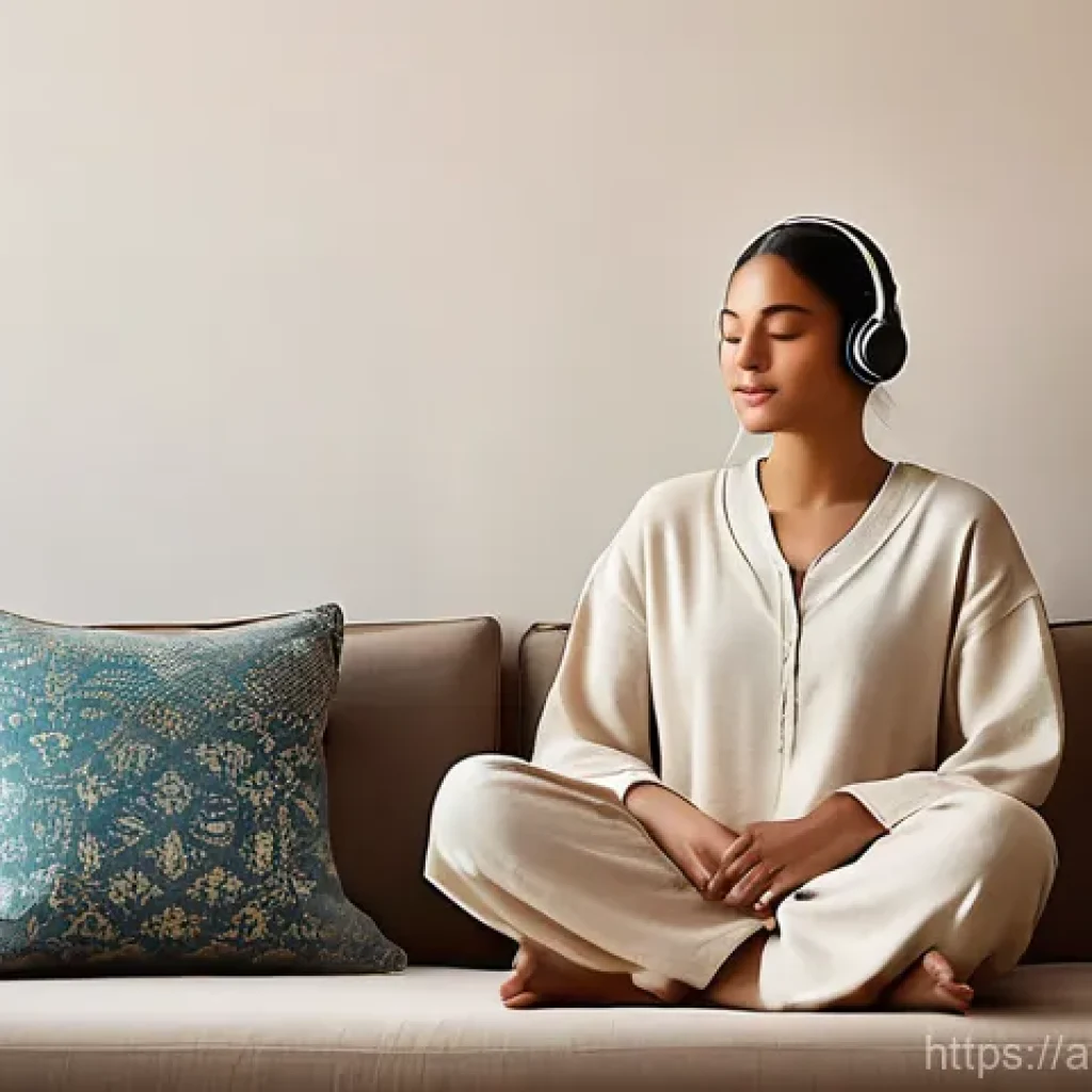 ASMR과 소리 인지 심리학 - **Prompt:** A serene young woman, dressed in comfortable, modest loungewear (such as a long-sleeved ...