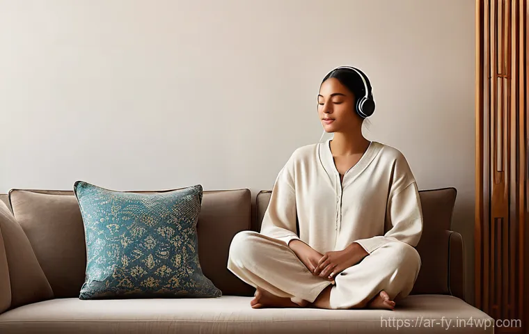 ASMR과 소리 인지 심리학 - **Prompt:** A serene young woman, dressed in comfortable, modest loungewear (such as a long-sleeved ...