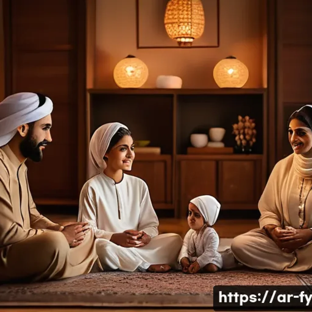 ASMR 청취가 사회적 상호작용에 미치는 영향 - A serene Middle Eastern family scene in a warmly lit living room, featuring diverse generations sitt...