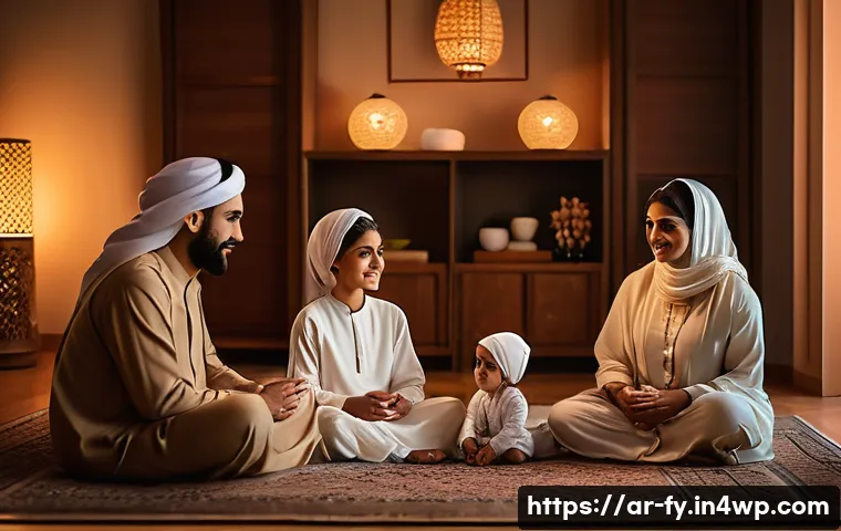 ASMR 청취가 사회적 상호작용에 미치는 영향 - A serene Middle Eastern family scene in a warmly lit living room, featuring diverse generations sitt...