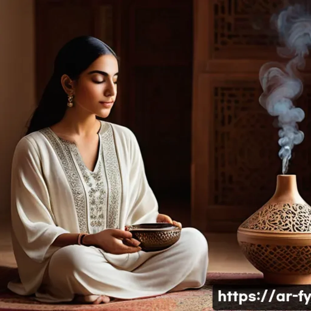 ASMR이 정서적 지능에 미치는 영향 - A serene indoor scene featuring a Middle Eastern woman wearing modest, loose-fitting comfortable clo...