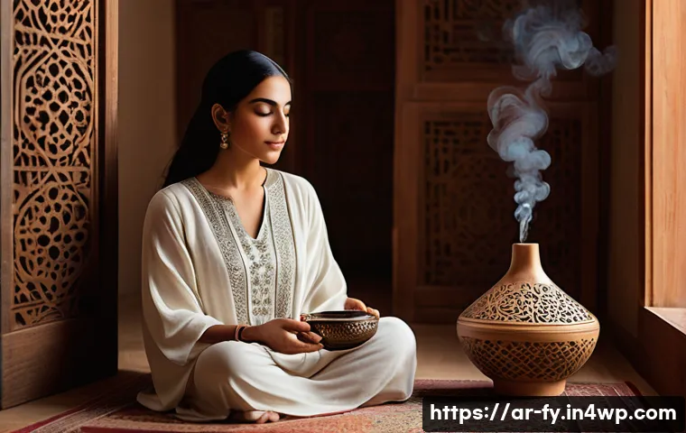 ASMR이 정서적 지능에 미치는 영향 - A serene indoor scene featuring a Middle Eastern woman wearing modest, loose-fitting comfortable clo...