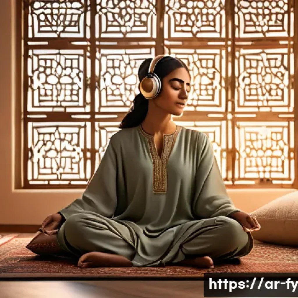 ASMR의 소리 자극이 긍정적 효과에 미치는 영향 - A serene Arabic-inspired bedroom scene at dusk, featuring a young Middle Eastern woman wearing modes...