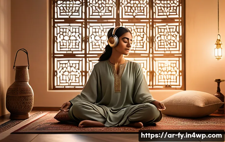 ASMR의 소리 자극이 긍정적 효과에 미치는 영향 - A serene Arabic-inspired bedroom scene at dusk, featuring a young Middle Eastern woman wearing modes...