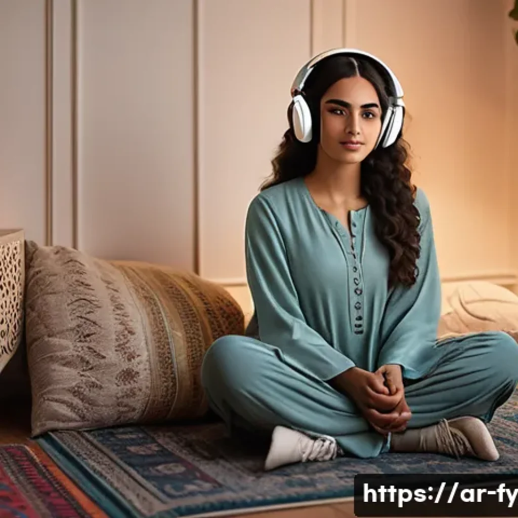 ASMR과 개인적 경험의 상관관계 - A serene Middle Eastern bedroom setting at twilight, featuring a young Arabic woman in modest comfor...