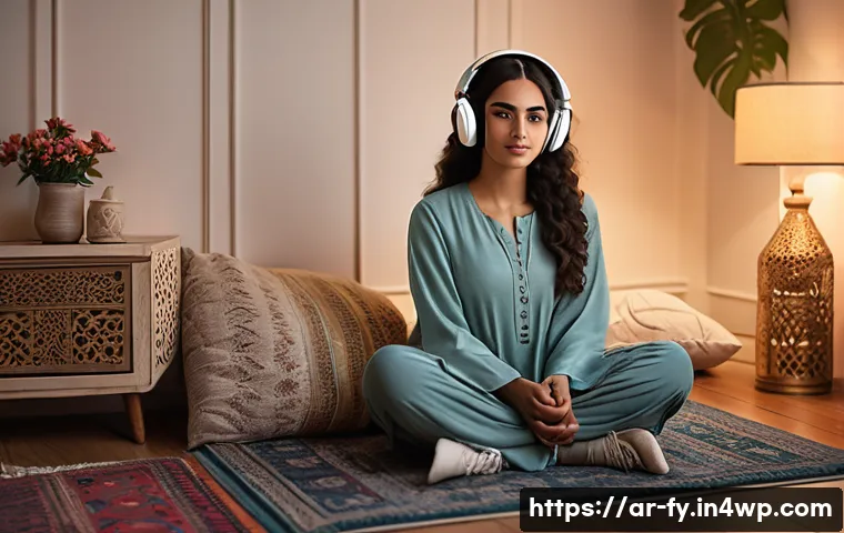 ASMR과 개인적 경험의 상관관계 - A serene Middle Eastern bedroom setting at twilight, featuring a young Arabic woman in modest comfor...