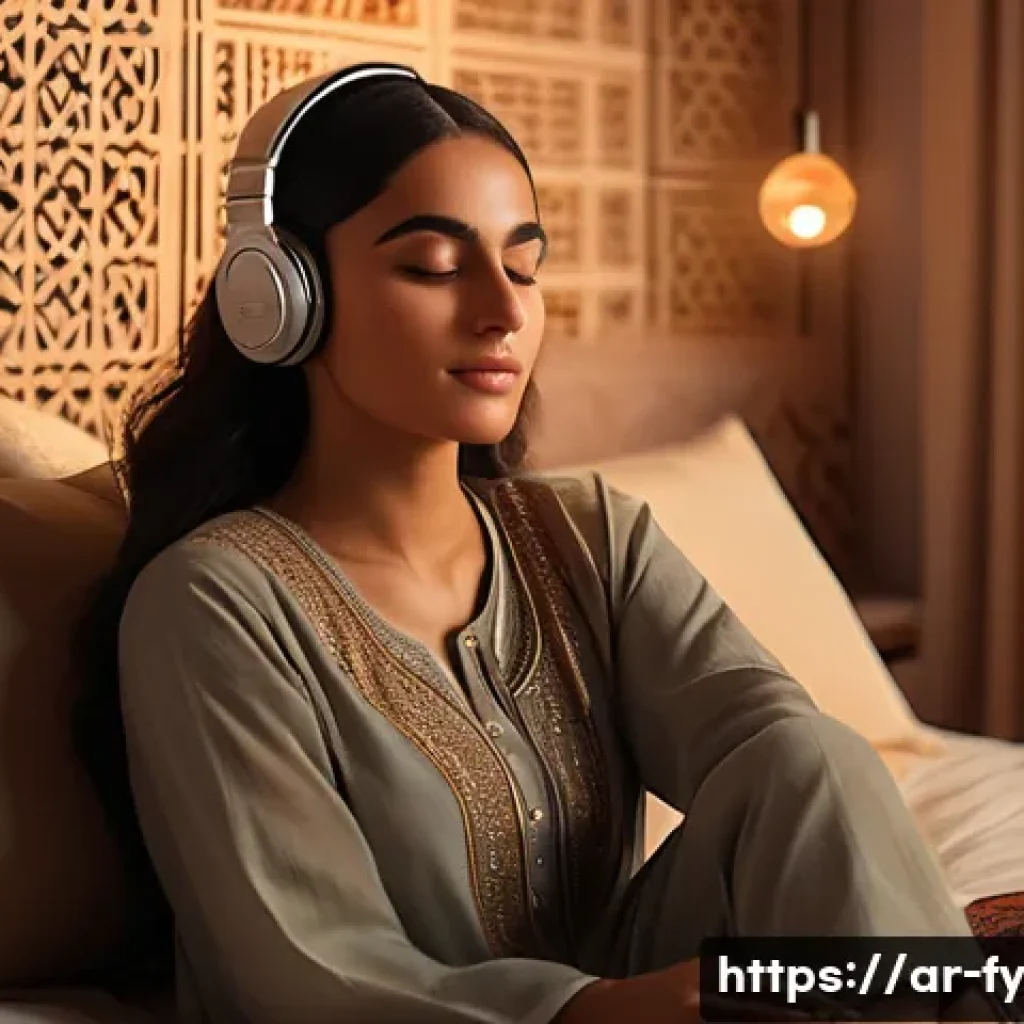 ASMR이 심리적 불안 해소에 기여하는 법 - A serene middle-eastern bedroom scene at dusk, featuring a young Arab woman wearing modest comfortab...