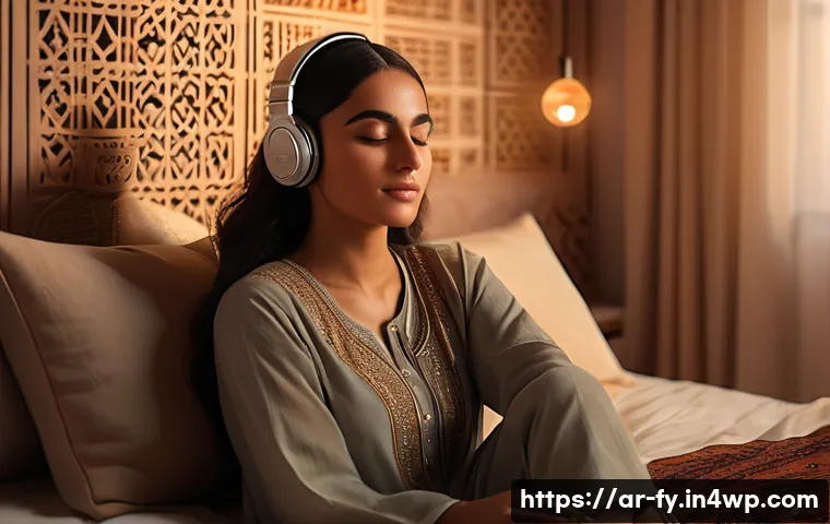 ASMR이 심리적 불안 해소에 기여하는 법 - A serene middle-eastern bedroom scene at dusk, featuring a young Arab woman wearing modest comfortab...