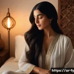 Home 22 ASMR의 신경 과학적 배경 - A serene, softly lit room designed for ASMR relaxation, featuring a Middle Eastern woman with delica...