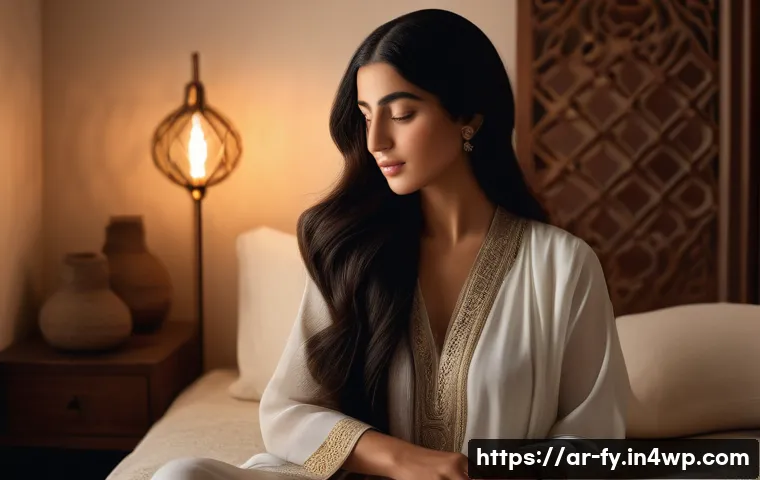 ASMR의 신경 과학적 배경 - A serene, softly lit room designed for ASMR relaxation, featuring a Middle Eastern woman with delica...