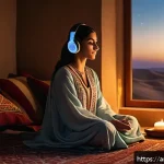 Home 21 ASMR과 심리적 안전감의 관계 - A serene Middle Eastern bedroom scene at night, softly lit by warm lantern light casting gentle shad...