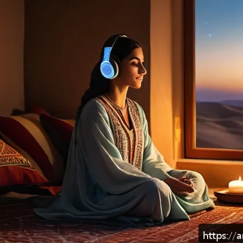 Home 33 ASMR과 심리적 안전감의 관계 - A serene Middle Eastern bedroom scene at night, softly lit by warm lantern light casting gentle shad...