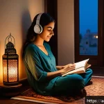 Home 20 ASMR과 감정적 회복력을 키우는 법 - A serene Middle Eastern living room at twilight, softly lit with warm amber hues reflecting traditio...