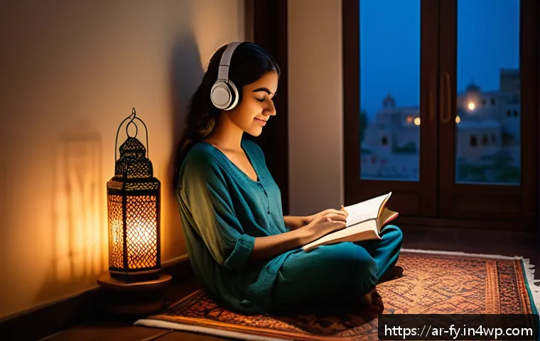 ASMR과 감정적 회복력을 키우는 법 - A serene Middle Eastern living room at twilight, softly lit with warm amber hues reflecting traditio...