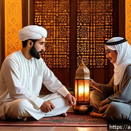 Home 31 ASMR과 친밀한 관계 형성 - A serene indoor scene featuring two Middle Eastern adults sitting comfortably in a traditional Arabi...