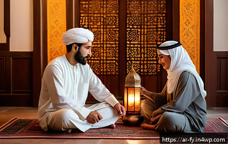 ASMR과 친밀한 관계 형성 - A serene indoor scene featuring two Middle Eastern adults sitting comfortably in a traditional Arabi...