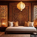 Home 18 ASMR의 심리적 안정성을 높이는 방법 - A serene, softly lit Arabic-style bedroom designed for ASMR relaxation, featuring intricate geometri...