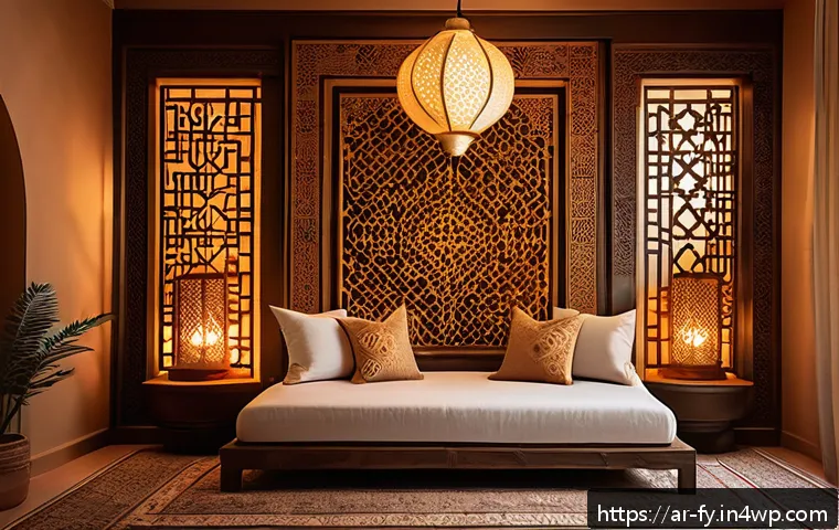 ASMR의 심리적 안정성을 높이는 방법 - A serene, softly lit Arabic-style bedroom designed for ASMR relaxation, featuring intricate geometri...