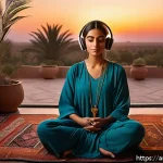 Home 23 ASMR을 통한 심리적 성장 사례 - A serene Middle Eastern living room setting at dusk, featuring an Arabic woman in modest, loose-fitt...