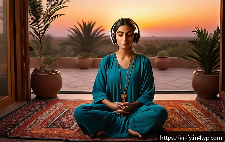 ASMR을 통한 심리적 성장 사례 - A serene Middle Eastern living room setting at dusk, featuring an Arabic woman in modest, loose-fitt...