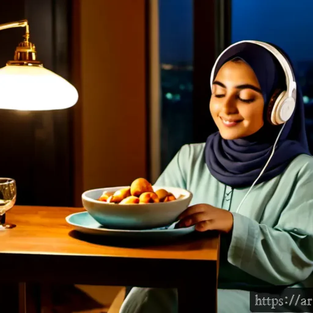 ASMR의 심리적 안정 효과 - Photorealistic serene evening scene in a modern Arab home, a young Arab woman in modest comfortable ...