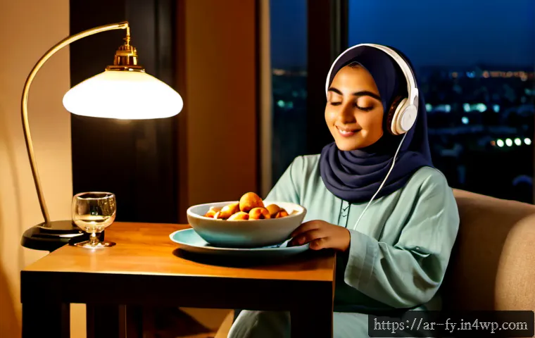 ASMR의 심리적 안정 효과 - Photorealistic serene evening scene in a modern Arab home, a young Arab woman in modest comfortable ...