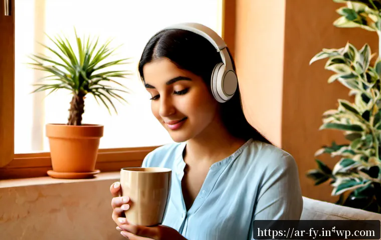 ASMR 체험이 긍정적 정서에 미치는 영향 - Photorealistic serene ASMR listening scene in a modern Arab home, a relaxed young Arab woman wearing...