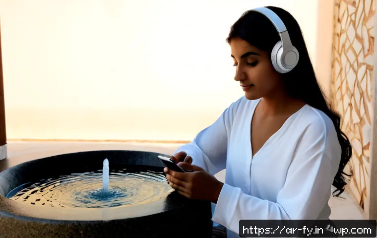 ASMR의 다양한 적용 사례 - Photorealistic quiet wellness scene in a modern Arab home, a modestly dressed Arab woman wearing hea...