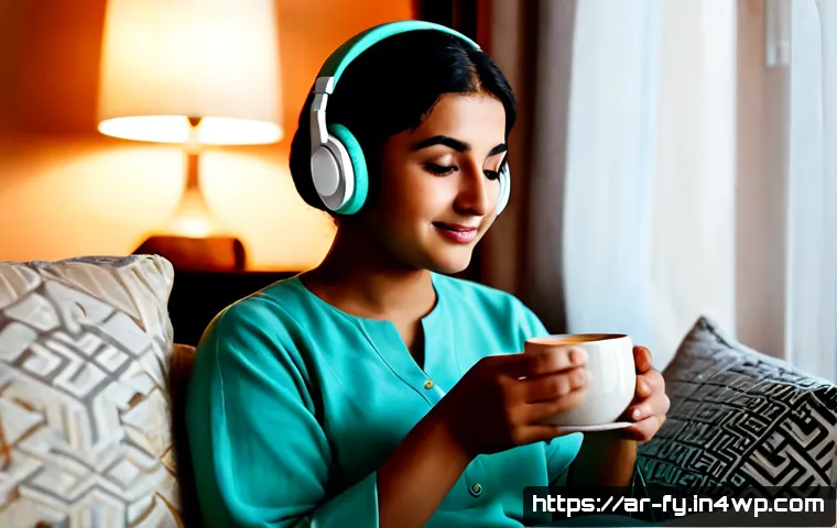 Home 17 ASMR과 감정 회복의 연결고리 - Photorealistic intimate evening scene of an Arab woman wearing modest comfortable home clothing and ...